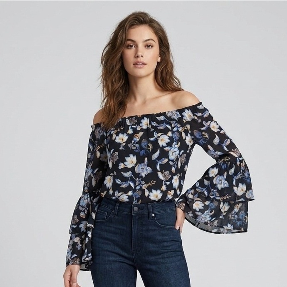 White‎ House Black Market Floral Off Shoulder Bell Sleeve Blouse XS Black Blue
